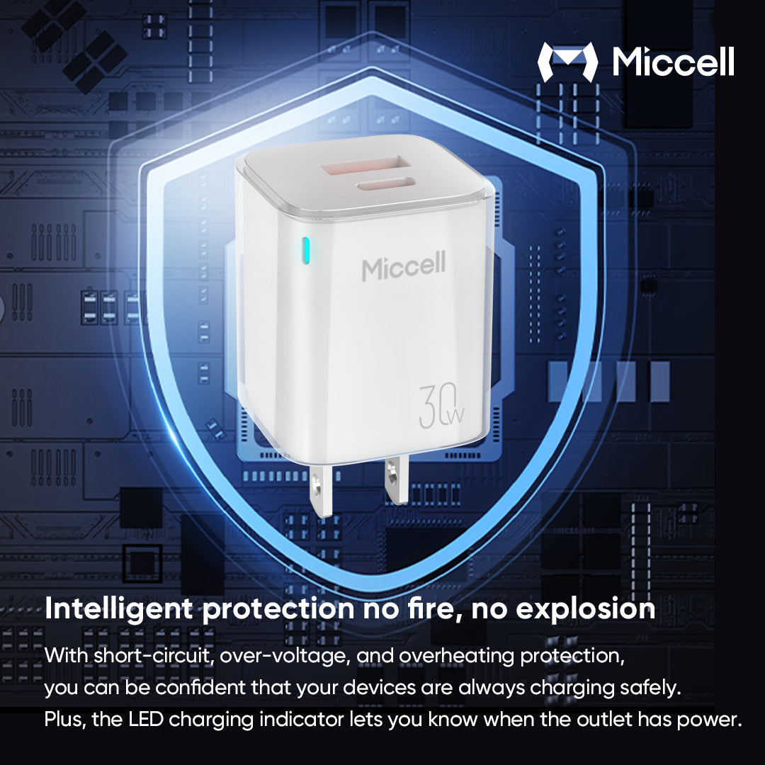 Miccell T16 Fast Charger C+U 30W With C-TO-L 30W 1M Cable - White