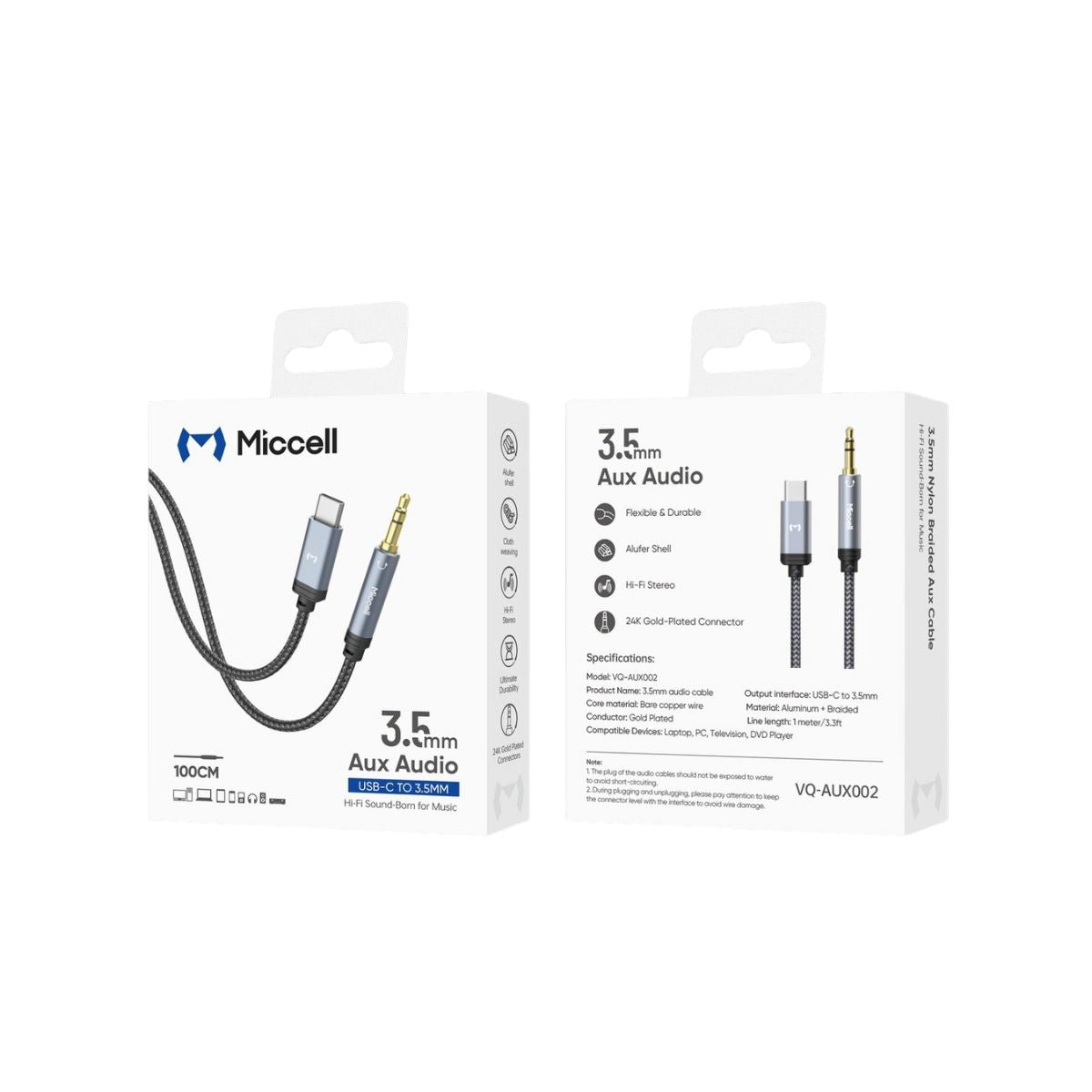 Miccell Audio Cable AUX002 TC-3.5MM 1M GRY+BLK