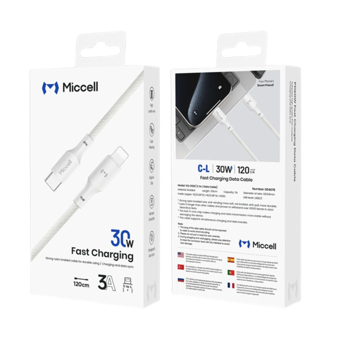 Miccell VQ-D126 Fast Charging Data Cable C To iP 30W 1.2M 4FT- White