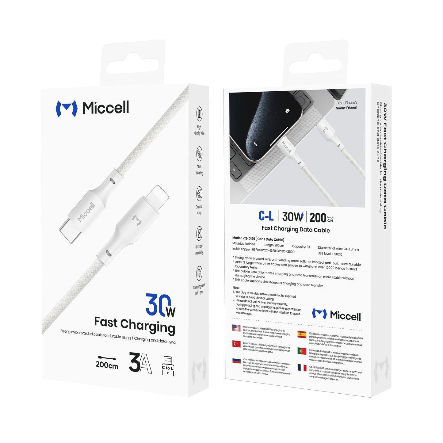 Miccell VQ-D126 Fast Charging Data Cable C To iP 30W 2M 6FT - White