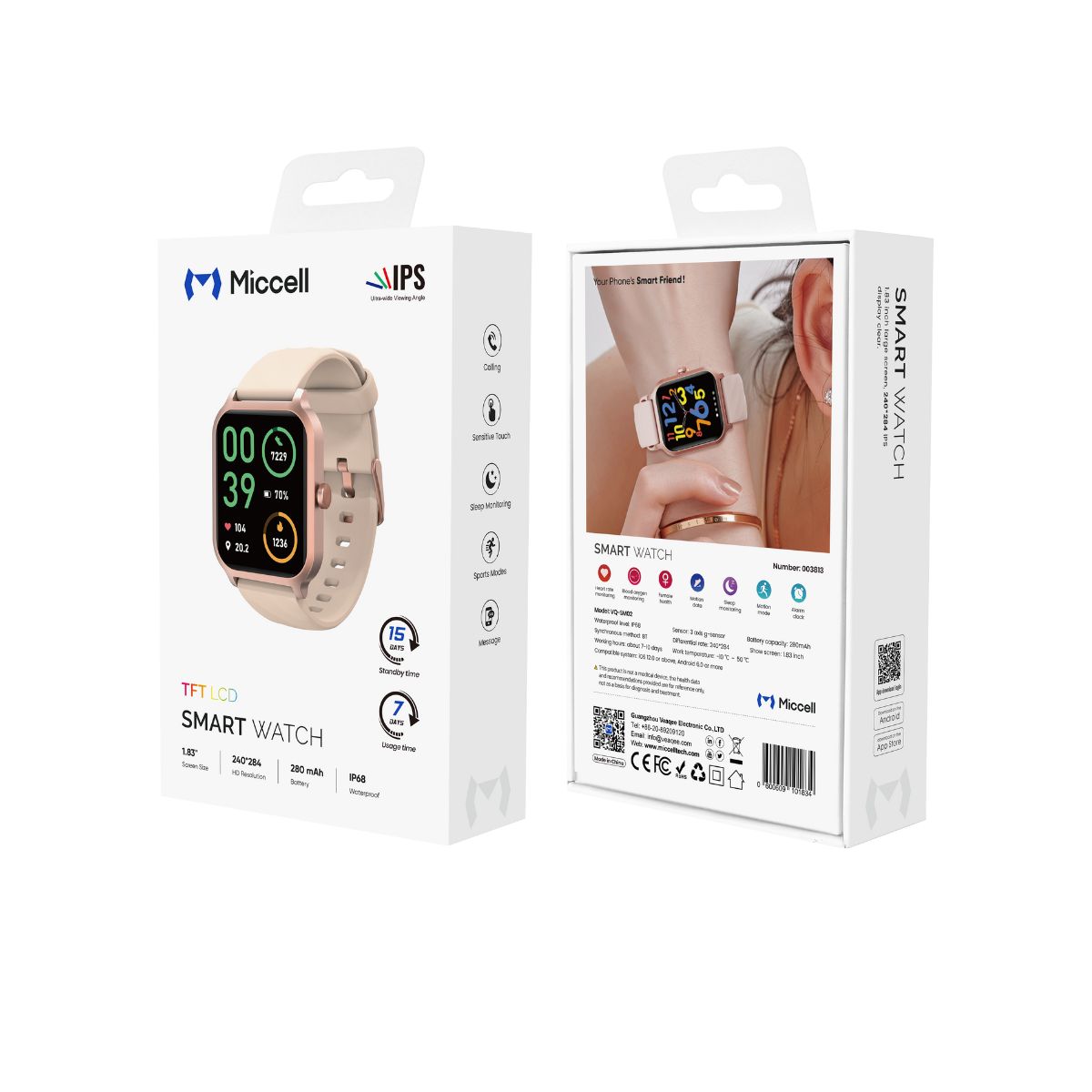 Miccell Smart Watch Ultra-Wide Viewing Angle SM02 Pink