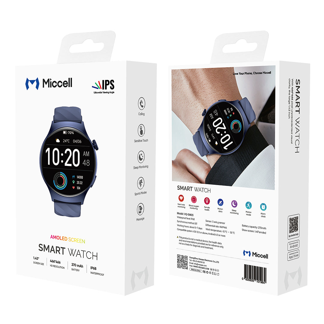 Miccell Smart Watch Ultra-Wide Viewing Angle SM03 Blue