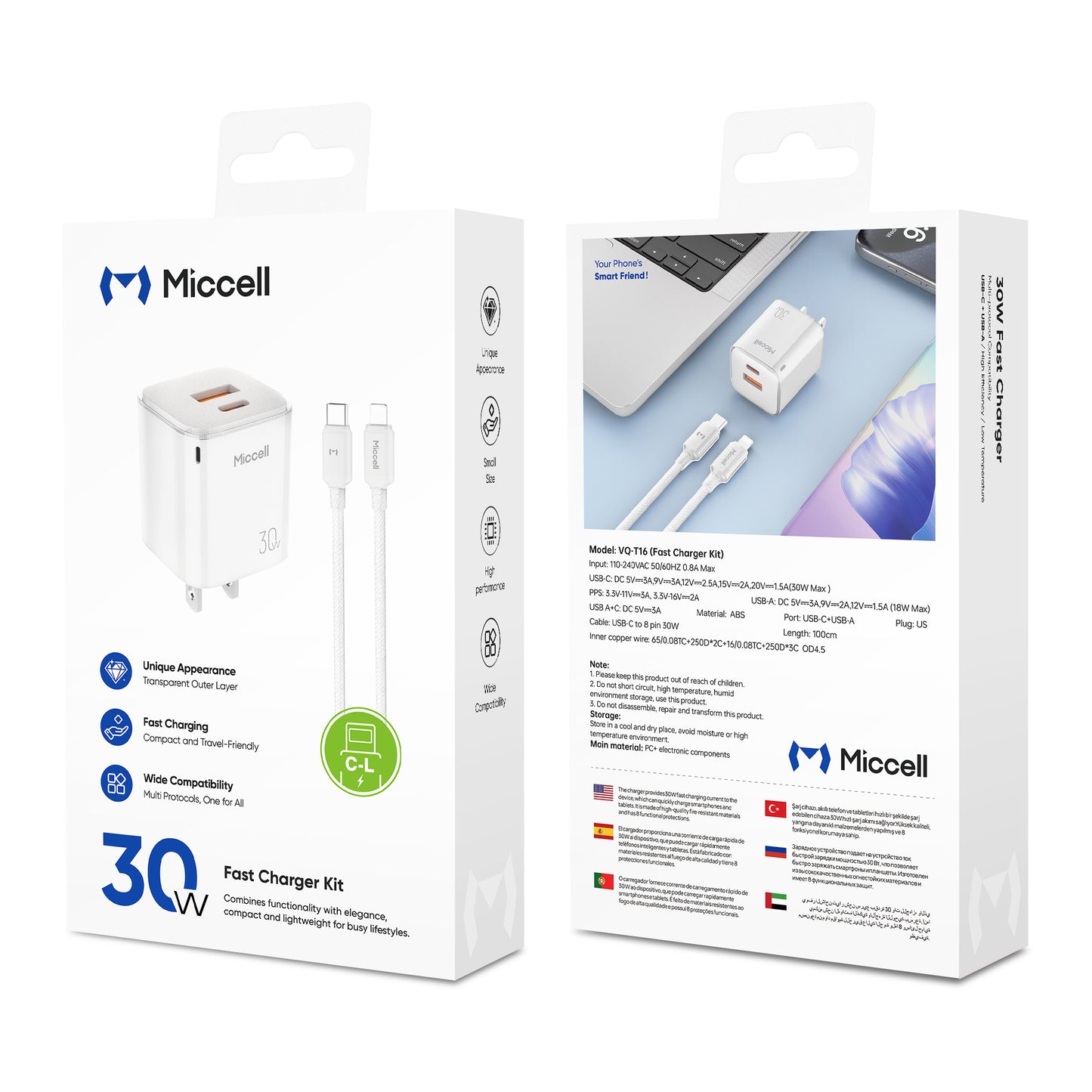 Miccell T16 Fast Charger C+U 30W With C-TO-L 30W 1M Cable - White