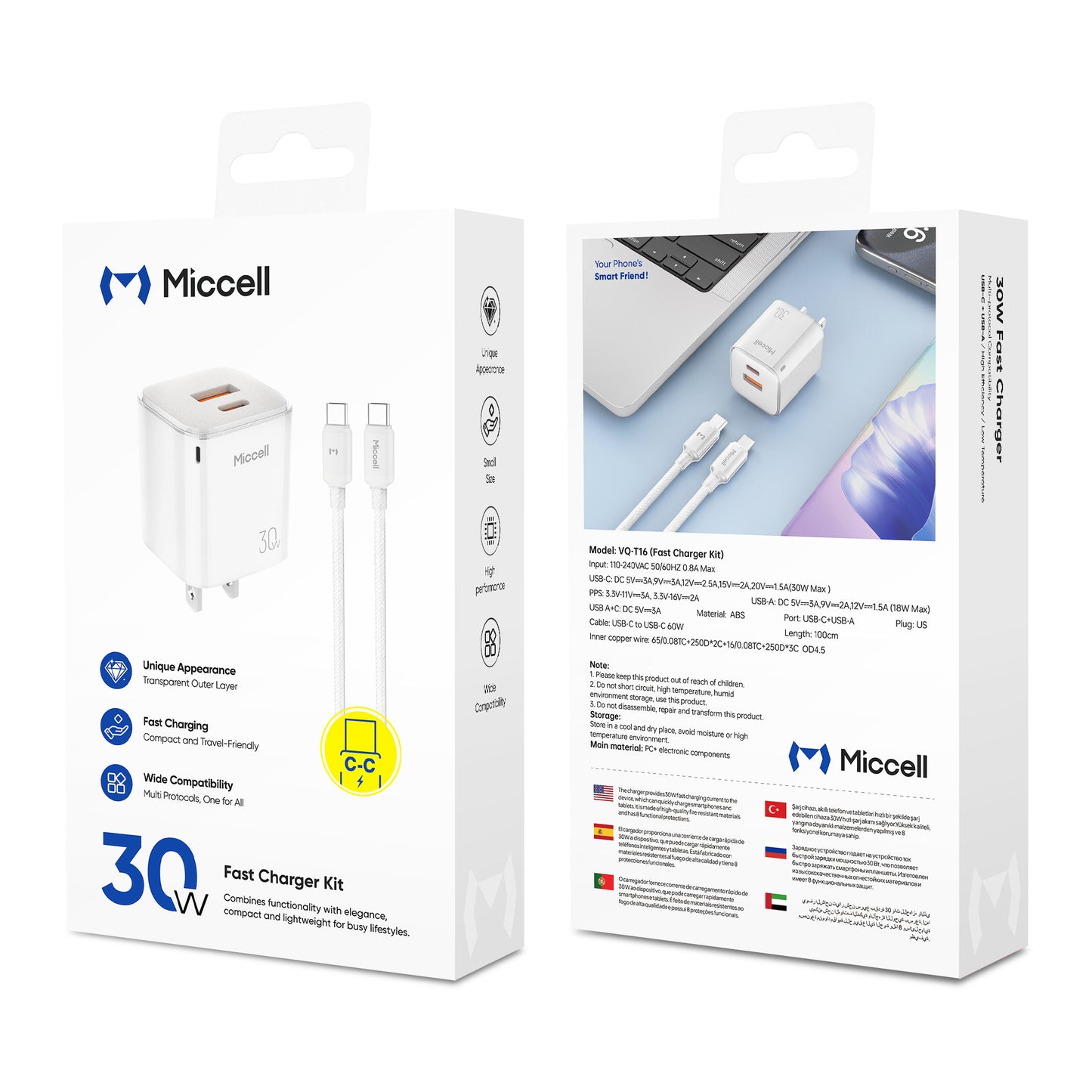 Miccell T16 Fast Charger C+U 30W With C-TO-C 60W 1M Cable - White