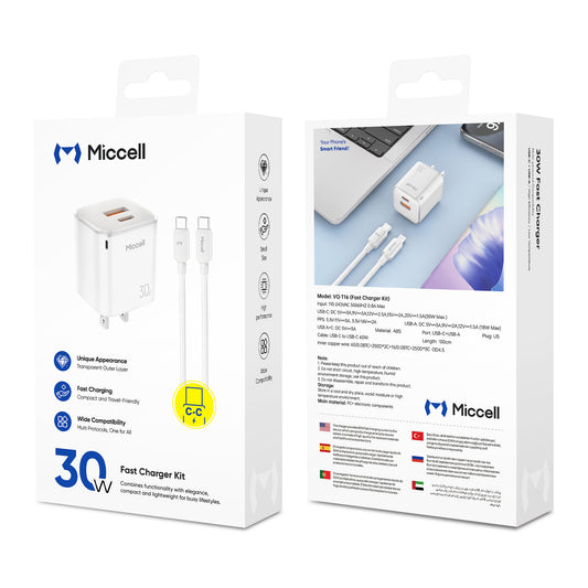 Miccell T16 Fast Charger C+U 30W With C-TO-C 60W 1M Cable - White