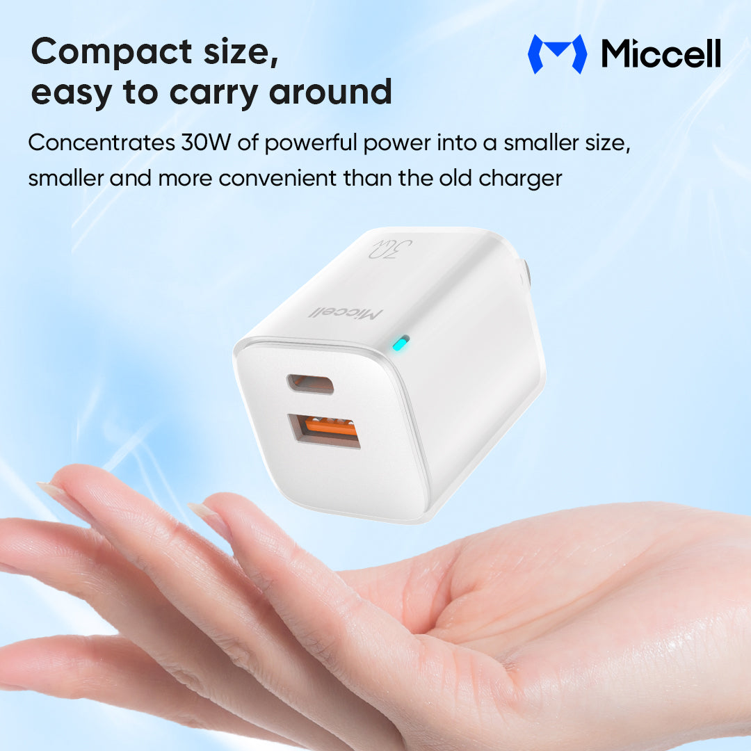 Miccell T16 Fast Charger C+U 30W With C-TO-C 60W 1M Cable - White