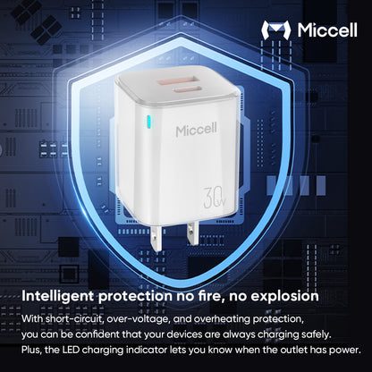 Miccell T16 Fast Charger C+U 30W With C-TO-C 60W 1M Cable - White