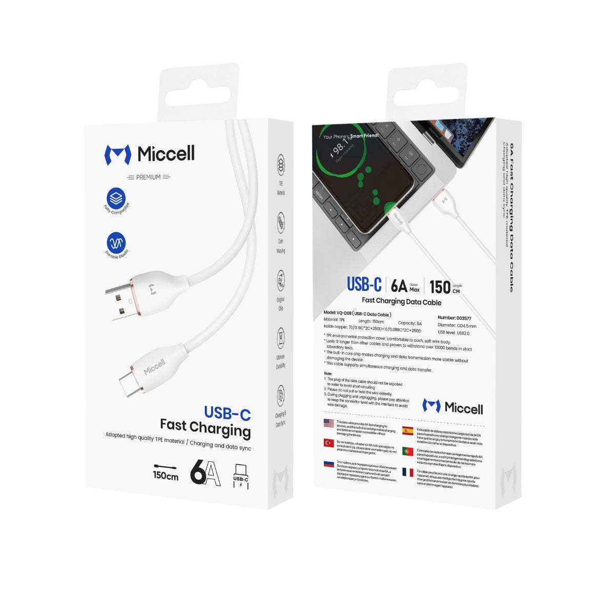 Miccell VQ-D09 Fast Charging Data Cable USB To - C 6A 1.5M 5FT - White