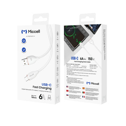 Miccell VQ-D09 Fast Charging Data Cable USB To - C 6A 1.5M 5FT - White