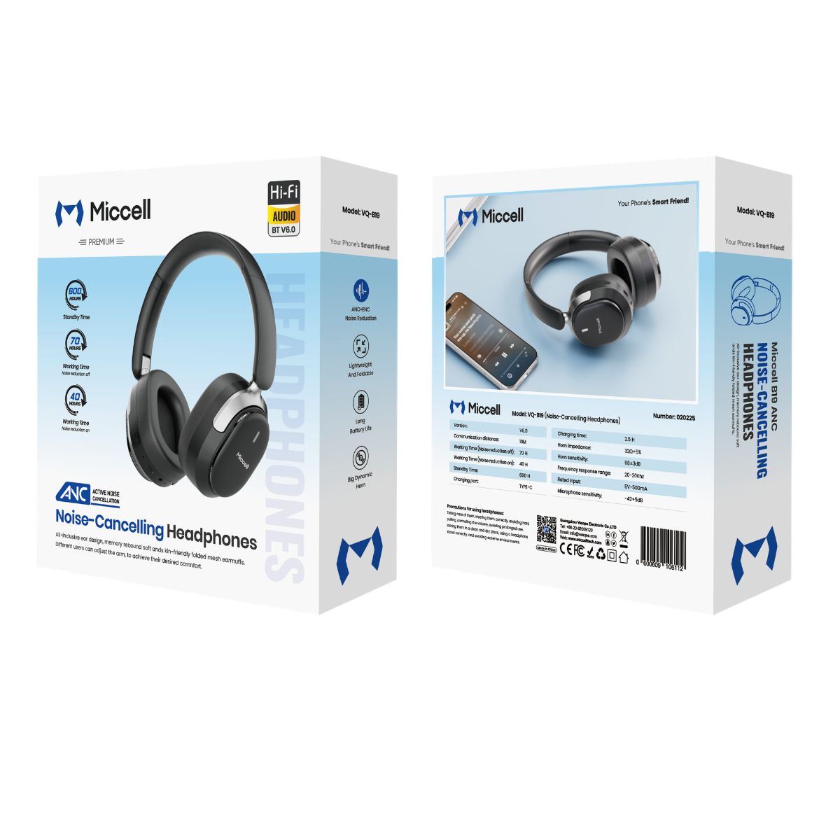 Miccell VQ-B19 Wireless Headphone 6.0 ANR Black
