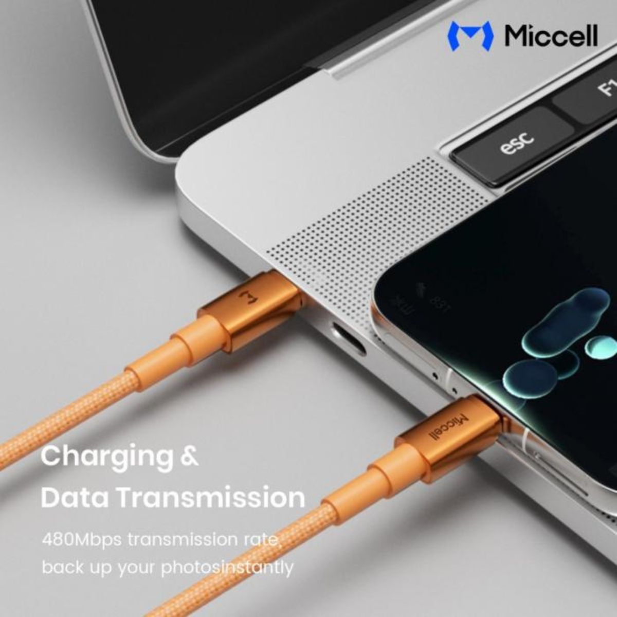 Miccell VQ-D34 - 60W Super-Fast Charging Cable C to C 60W 3A 5FT - ORANGE