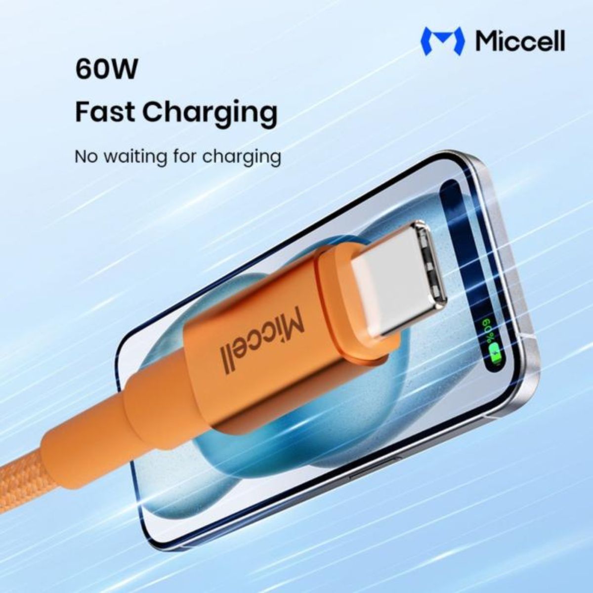 Miccell VQ-D34 - 60W Super-Fast Charging Cable C to C 60W 3A 5FT - ORANGE