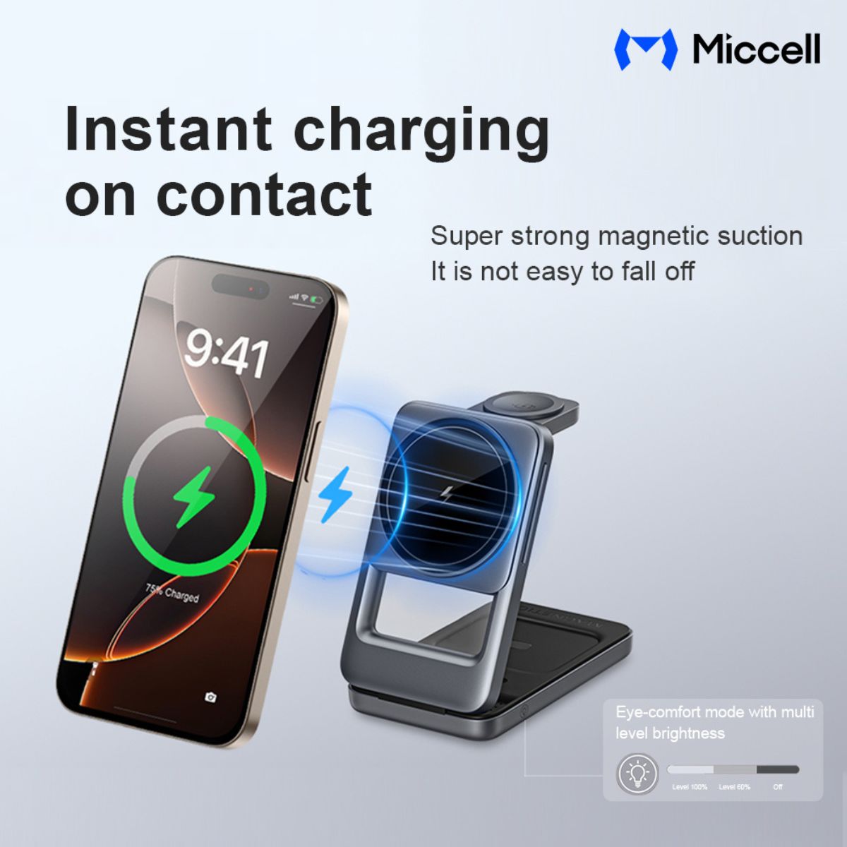 Miccell VQ-W18 3 in 1 Magnetic Wireless Charger 15W - Gray