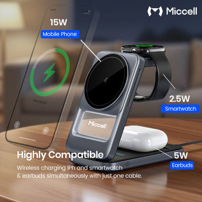 Miccell VQ-W18 3 in 1 Magnetic Wireless Charger 15W - Gray