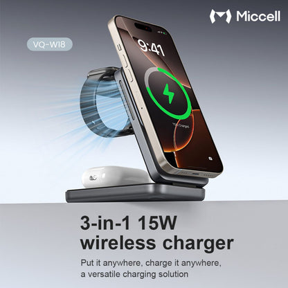 Miccell VQ-W18 3 in 1 Magnetic Wireless Charger 15W - Gray