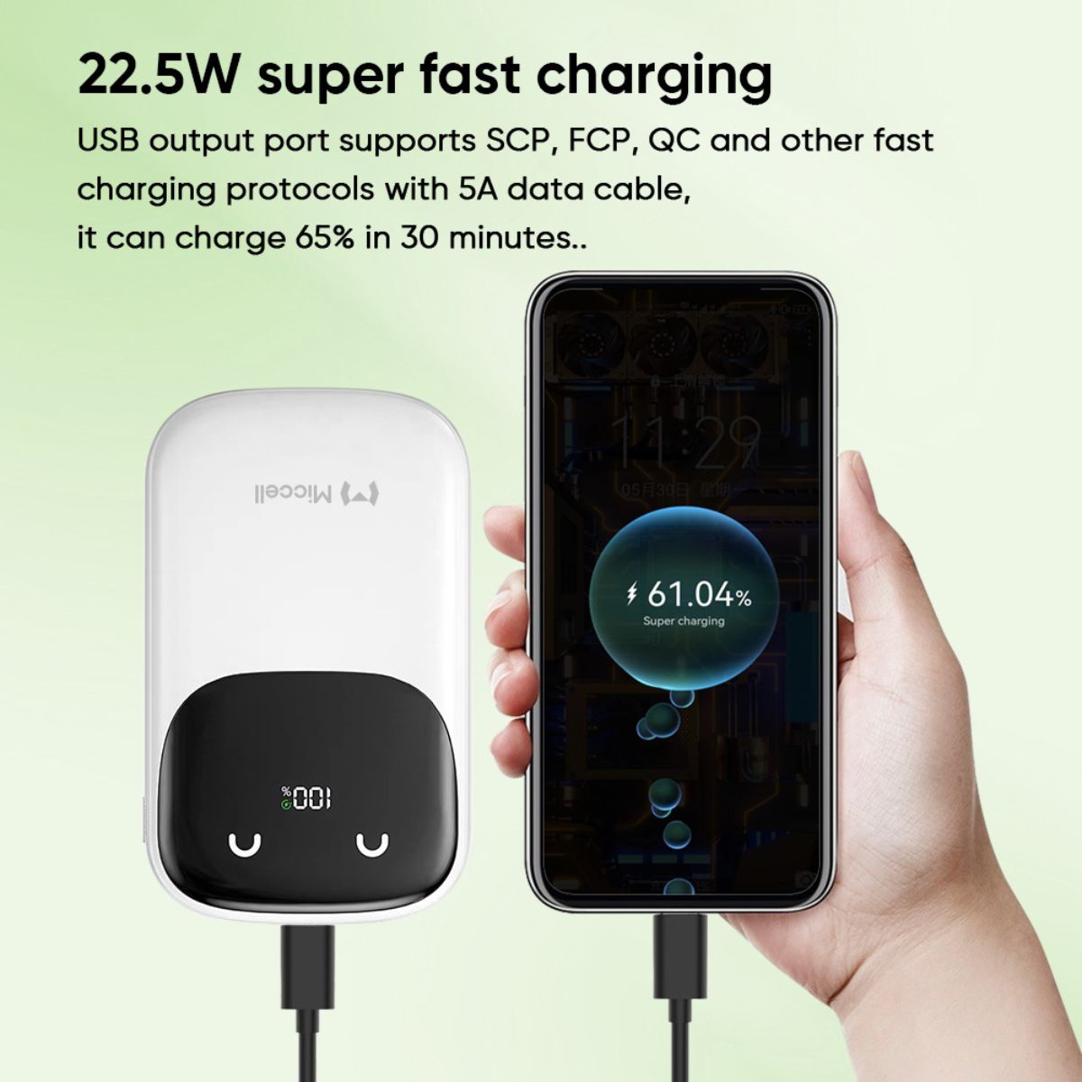 Miccell P16 Power Bank w/3 Built-in Cables 10000 mAh 22.5W - White