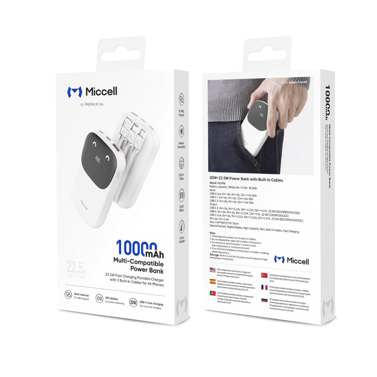 Miccell P16 Power Bank w/3 Built-in Cables 10000 mAh 22.5W - White