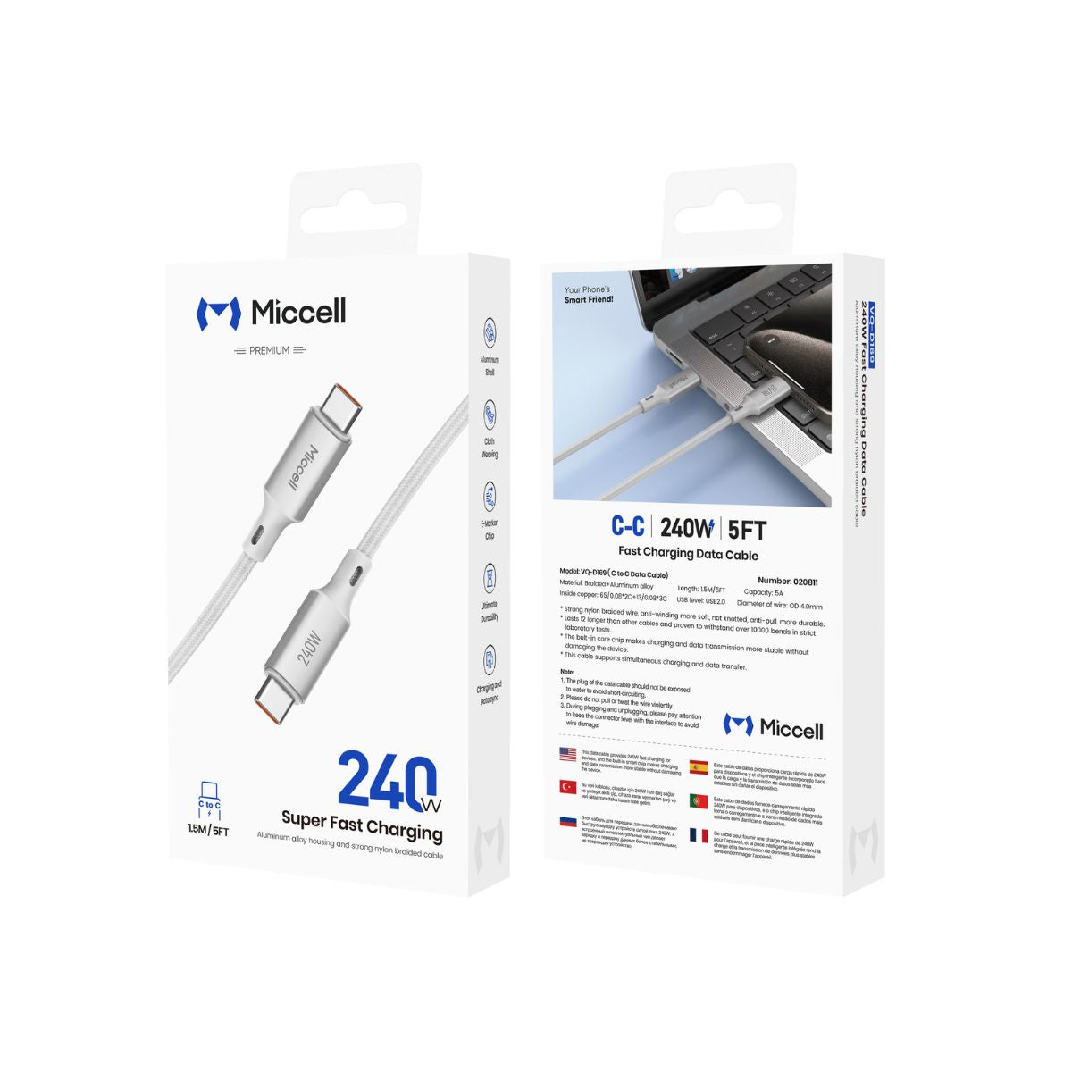 Miccell VQ-D169 Fast Charging Data Cable C To C 240W 1.5M 5FT- White